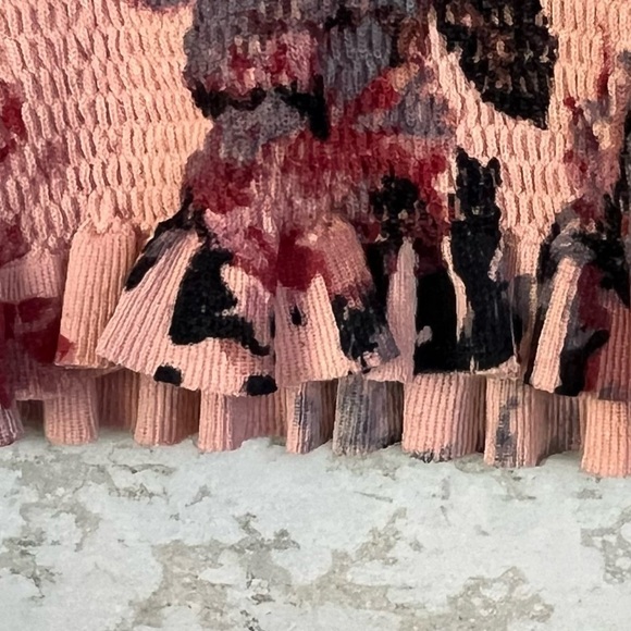 Zara Pink Floral Smocked Top Medium Boho Ruffled Mock Neck and Hem Cottagecore - Picture 3 of 15